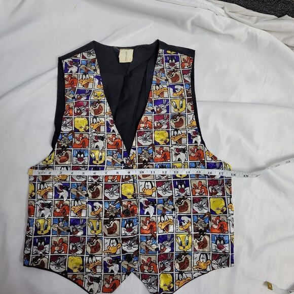 VINTAGE 90s vest Looney Tunes Warner Bros character tile button up tie back S/M - Picture 6 of 7